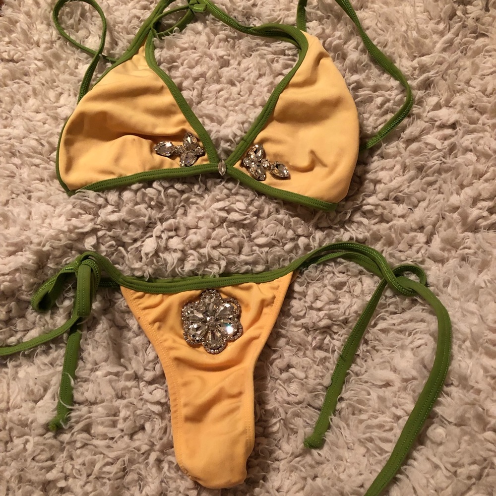 Rhinestone Brazilian green and yellow bikini set